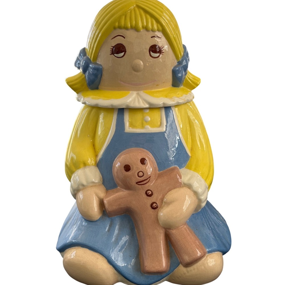 Vintage Girl Holding Gingerbread Cookie Jar Yellow Blue‎ Ceramic Decor